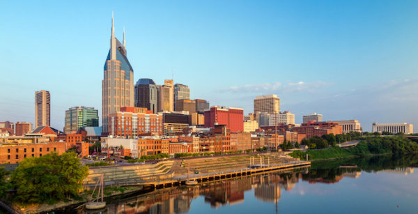 Nashville, Tennessee downtown skyline at Cumberland River.