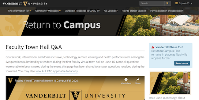 Faculty Town Hall Question and Answer webpage