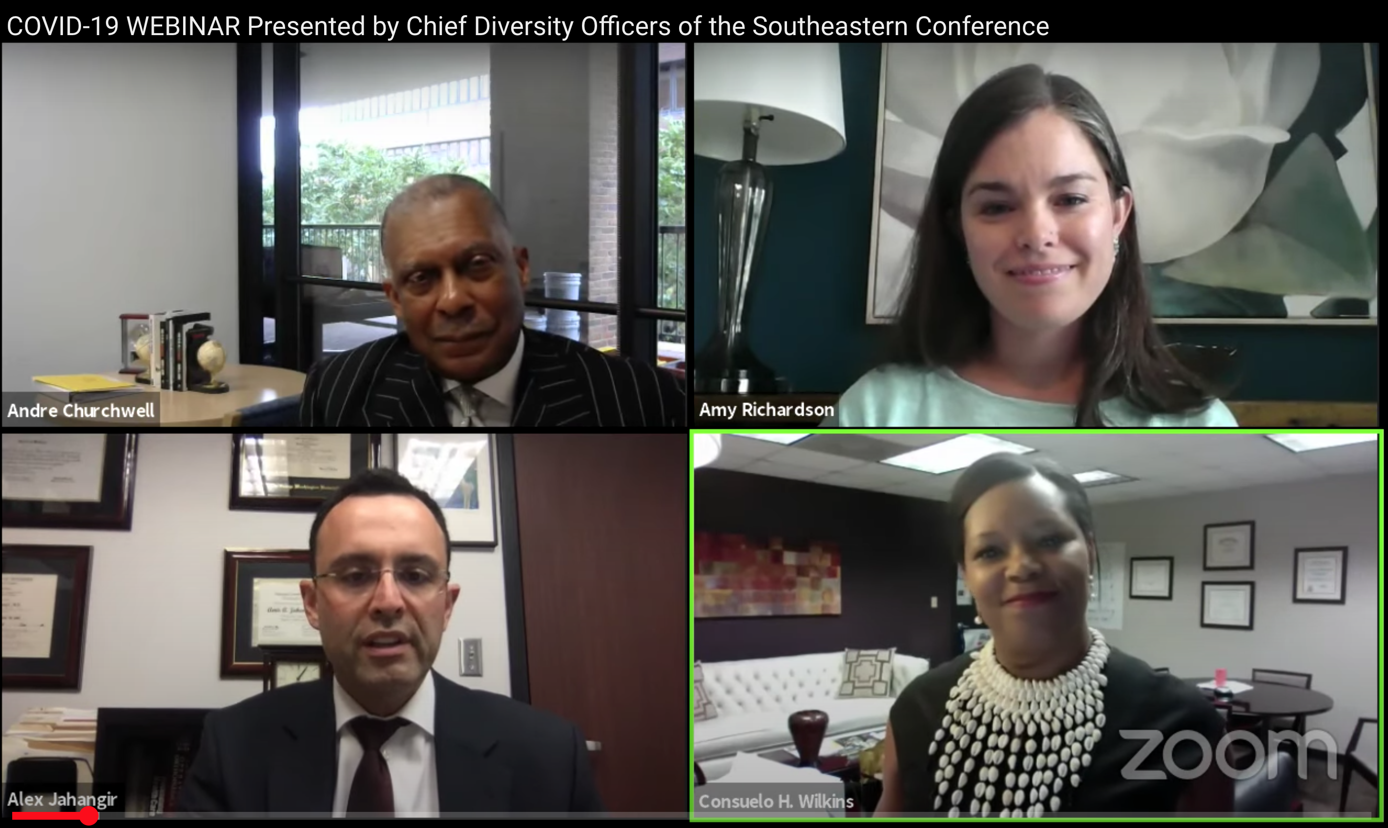 A screenshot of four speakers (Andre Churchwell, Amy Richardson, Alex Jahangir and Conseulo Wilkins)
