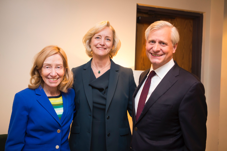 Interim Chancellor and Provost Susan R. Wente (center) hosted Pulitzer Prize-winning historians Doris Kearns Goodwin (left) and Jon Meacham, Carolyn T. and Robert M. Rogers Chair and Distinguished Visiting Professor of Political Science at Vanderbilt, for a Chancellor's Lecture Series event on Oct. 31, 2019. (Vanderbilt University) 