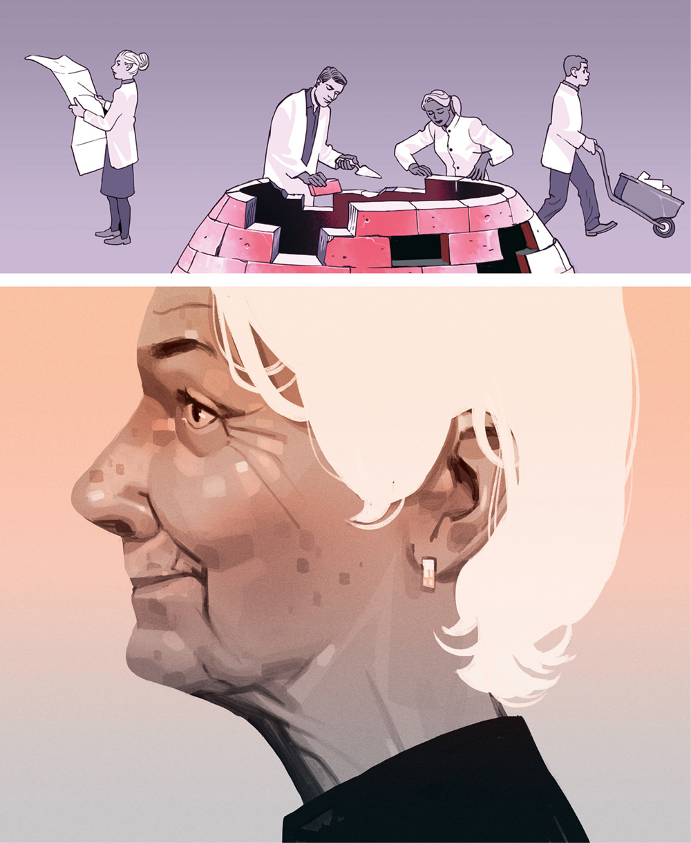 illustration of an elderly woman in profile with scientists rebuilding the top part of her head using bricks and mortar