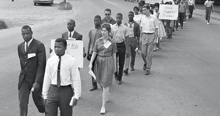 Led by John Lewis (front), approximately 200 students sing hymns and march from Tennessee A&I toward the Tennessee state capitol on Sept. 14, 1961, to protest the dismissal of 14 Freedom Riders from the university. Members of the Nashville Student Movement played significant roles in the continuation of the interstate bus trip through Alabama and Mississippi in May 1961. (Photograph by Paul Schleicher, Nashville Banner. Courtesy of the Nashville Public Library, Special Collections)
