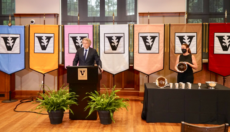 Chancellor Daniel Diermeier and Faculty Senate Chair Catherine McTamaney presented faculty awards for both spring and fall 2020 as part of the virtual faculty assembly live-streamed from Alumni Hall on Aug. 27. (John Russell/Vanderbilt)