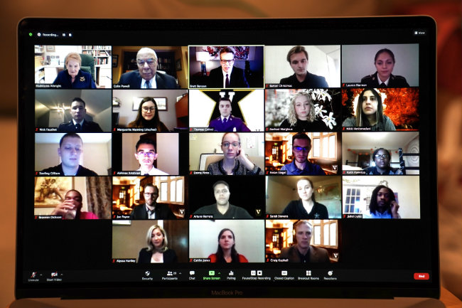 screenshot of Vanderbilt students meeting on Zoom with Madeleine Albright and Colin Powell