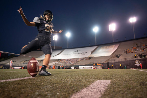 Sarah Fuller making one of her historic kicks during the Vanderbilt-Tennessee game on Dec. 12.