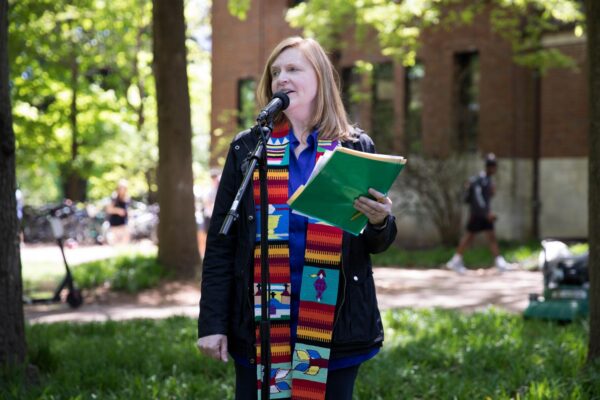 The Rev. Gretchen Person speaks at Vanderbilt’s vigil for victims of the Easter attacks in Sri Lanka in 2019. (Emily Gonçalves)