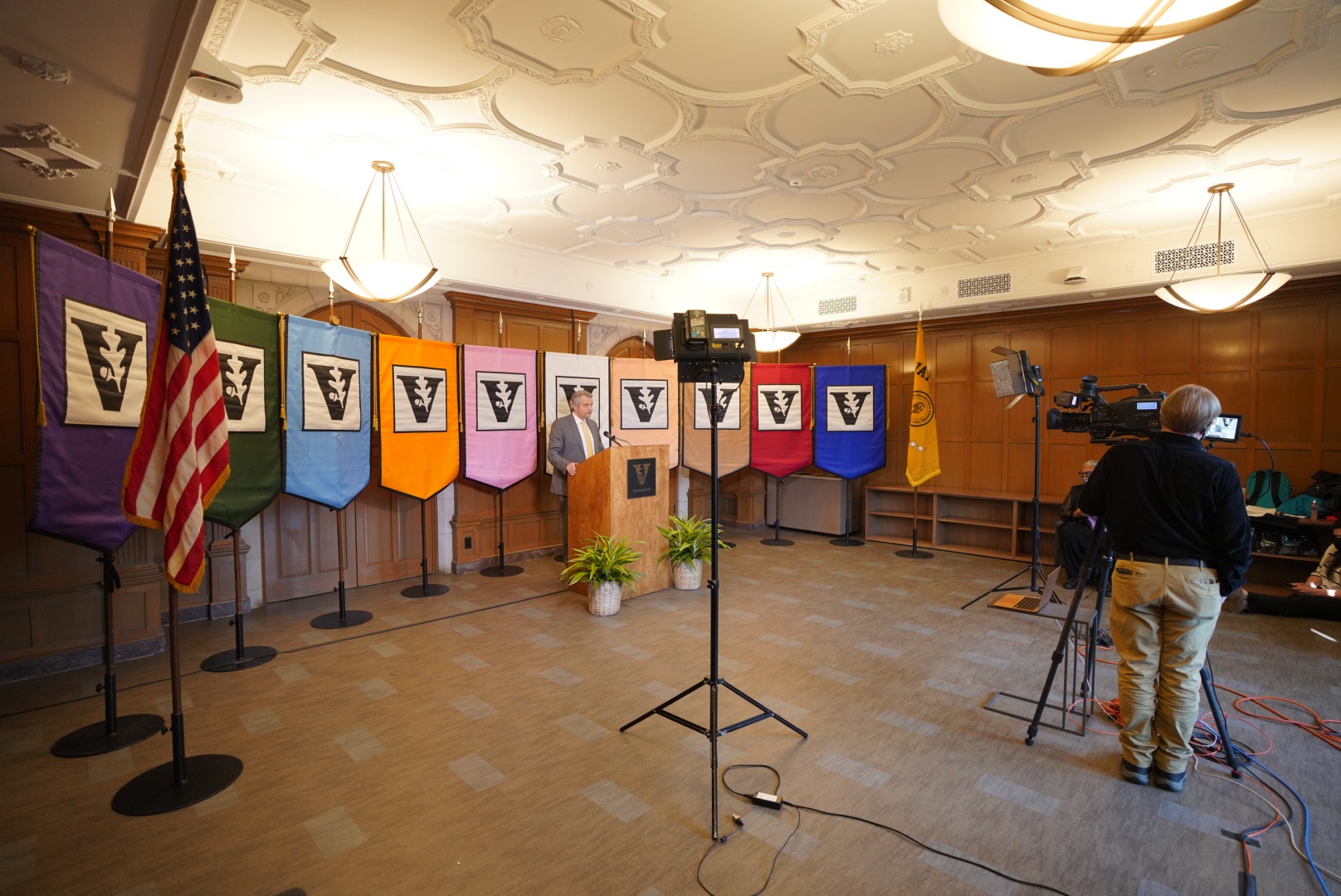 For the first time, Spring Faculty Assembly was held virtually, with the speakers appearing from the new Faculty Commons on 19th Avenue South. (John Russell/Vanderbilt)