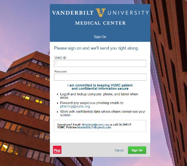 VUMC web/SSO login page