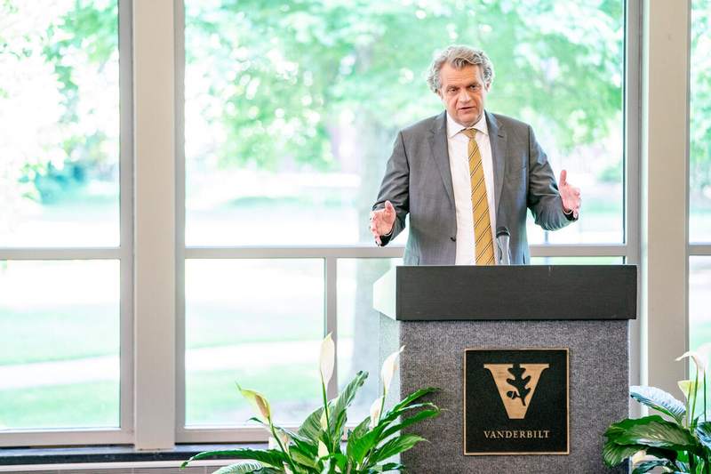 Chancellor Daniel Diermeier hosts the Spring Staff Assembly via Zoom from the Board of Trust Room at the Student Life Center.