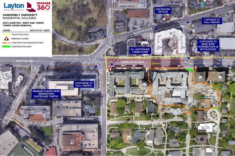 West End Avenue between 24th and 25th avenues will be closed June 17–20 for the removal of a 20-story construction crane used to complete the exterior and masonry work on the West End Tower connected to Nicholas S. Zeppos College.