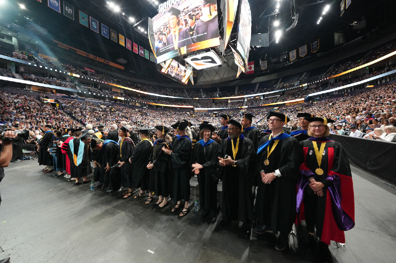Vanderbilt University honored 33 retiring faculty members and four outgoing deans for their years of service during Commencement exercises at Bridgestone Arena on May 12. (John Russell/Vanderbilt) 