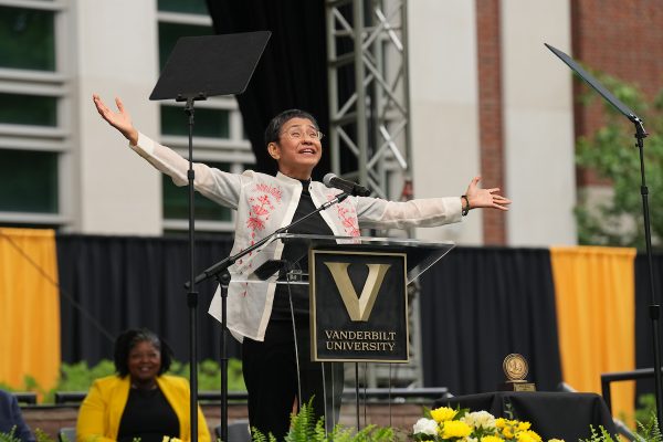 2023 Nichols-Chancellor's Medal recipient Maria Ressa addresses members of the Class of 2023 and their families on Graduates Day. (Harrison McClary/Vanderbilt)