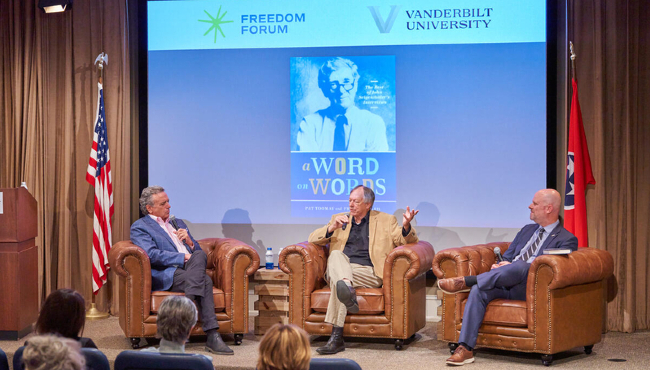 John M. Seigenthaler (left), Frye Gaillard (center) and Andrew Maraniss (right) discuss the legacy of John Seigenthaler and <i>A Word on Words,</i> the interview series he hosted on Nashville Public Television for more than 40 years. (Harrison McClary)