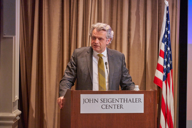 Chancellor Daniel Diermeier discusses the late John Seigenthaler at an event celebrating the Vanderbilt University Press book <i>A Word on Words: The Best of John Seigenthaler's Interviews</i> on April 25. (Harrison McClary)