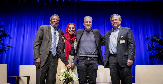 Jon Stewart, comedian, advocate and television host, second from right, participated in a panel discussion on advocacy at Vanderbilt last week. Other panelists included, from left, Walter Clair, MD, MPH, fourth-year medical student Ayesha Muhammad, PhD, and Robert Miller, MD. (photo by Susan Urmy)