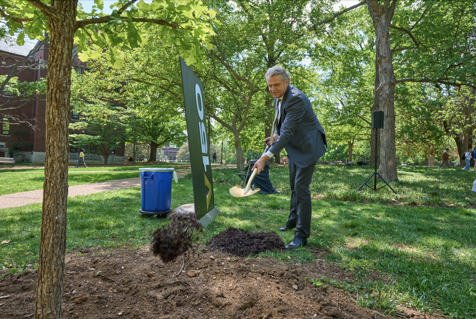 Chancellor Daniel Diermeier helped plant a new bur oak tree on campus on April 24. (Vanderbilt University)