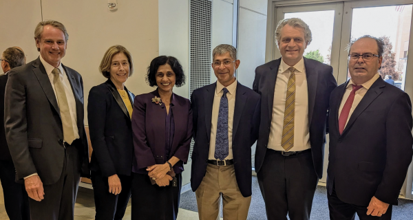 (L-R) Deerfield Management President and Managing Partner James Flynn, Provost C. Cybele Raver, Vice Provost for Research and Innovation Padma Raghavan, Dean of teh School of Medicine-Basic Sciences John Kuriyan, Chancellor Daniel Diermeier and Deerfield Management Partner William Slattery (Vanderbilt University)