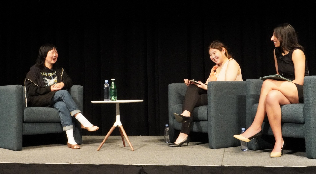 Comedian, actor and advocate Margaret Cho (left) participated in a conversation moderated by Vanderbilt students Fiona Wu and Lina Waseem at the second annual Empowerment Summit on Jan. 28.