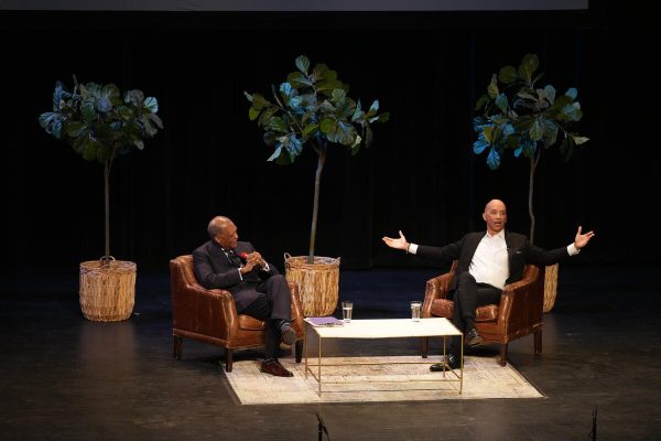 André L. Churchwell (left), vice chancellor for outreach, inclusion and belonging and chief diversity officer, moderates a Q&A with Emmy Award-winning journalist Byron Pitts during Vanderbilt's MLK Commemorative Series keynote event Jan. 16 in Ingram Hall. (Photo by Joe Howell)