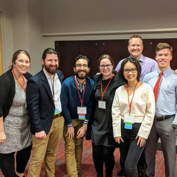 Musbah Shaheen (third from left) is shown here with fellow Ph.D. researchers. Shaheen studies interfaith diversity and the Muslim LGBTQI community.