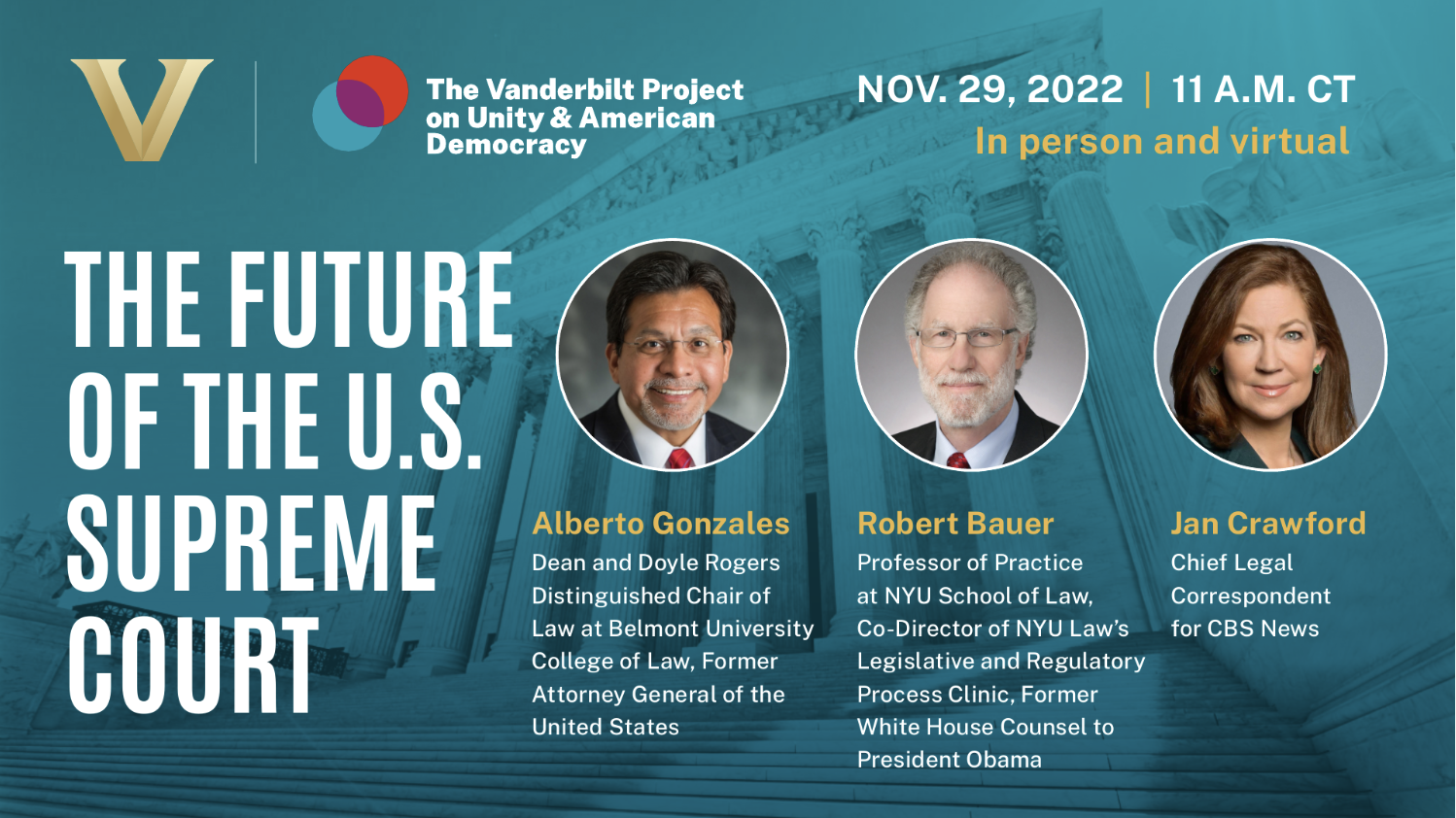 WATCH: ‘The Future of the U.S. Supreme Court’ with CBS’ Jan Crawford and two former White House counsels to be hosted by Vanderbilt Project on Unity and American Democracy Nov. 29