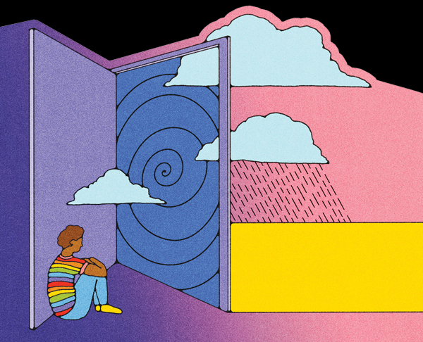 Illustration of figure looking out at spiral and rain clouds