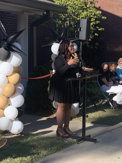 Traci Ray, assistant dean of students, speaks at the Leadership and Service Space grand opening.