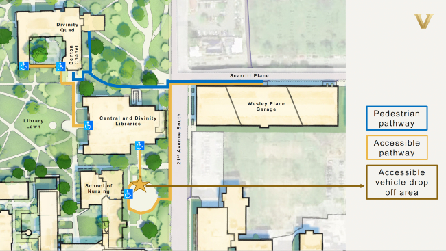 Beginning Monday, July 11, the accessible pathway from 21st Avenue and Wesley Place Garage near the Owen Graduate School of Management construction site will change.