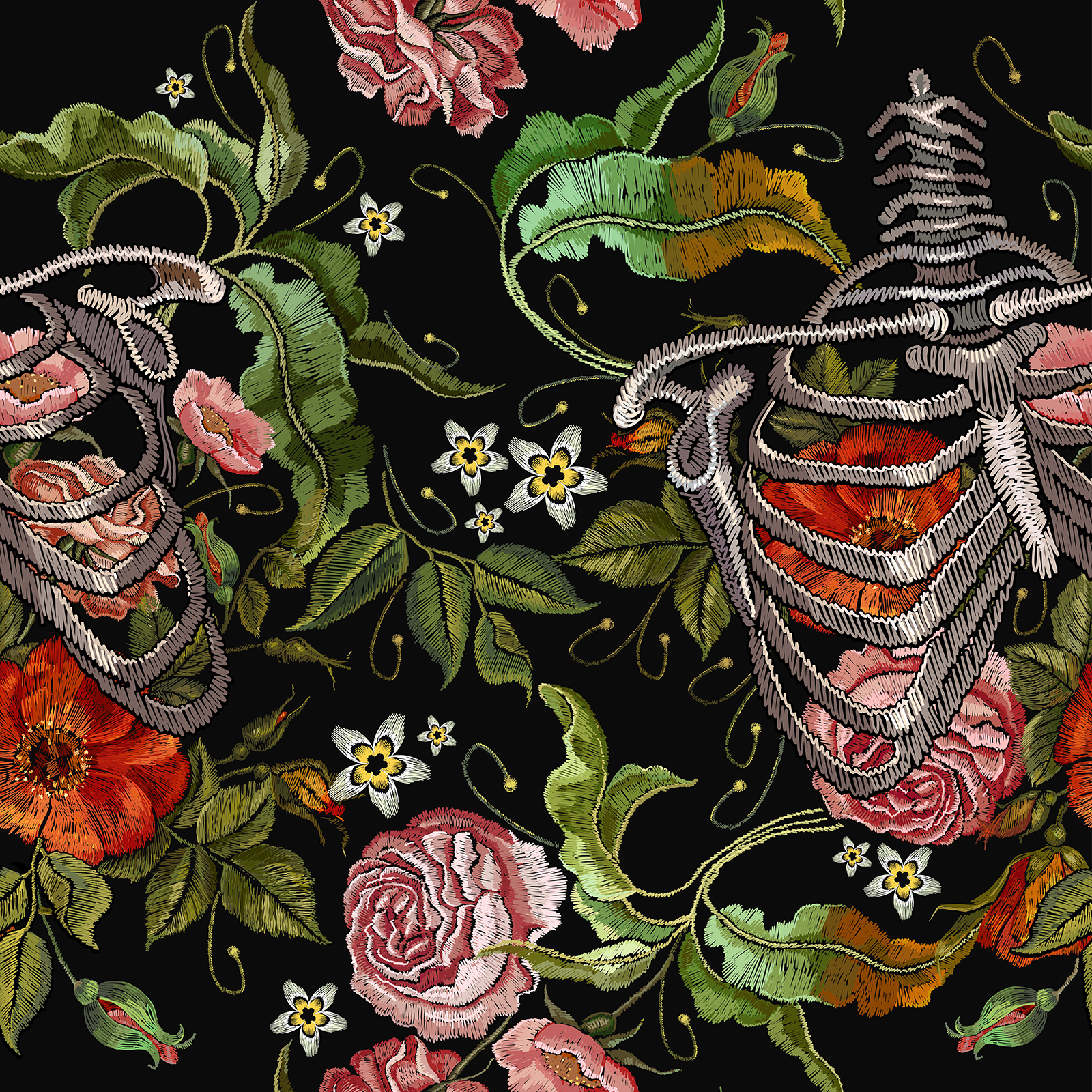 A colorful embroidered tapestry of flowers is interwoven among rib cages