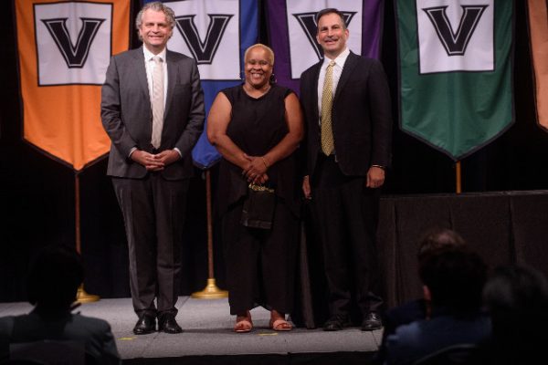 Chancellor Daniel Diermeier and Vice Chancellor for Administration Eric Kopstain present Commodore Award to Donna F. Smith