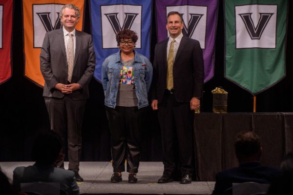 Chancellor Daniel Diermeier and Vice Chancellor for Administration Eric Kopstain present Diversity Leadership Award to Portlyn Cruise