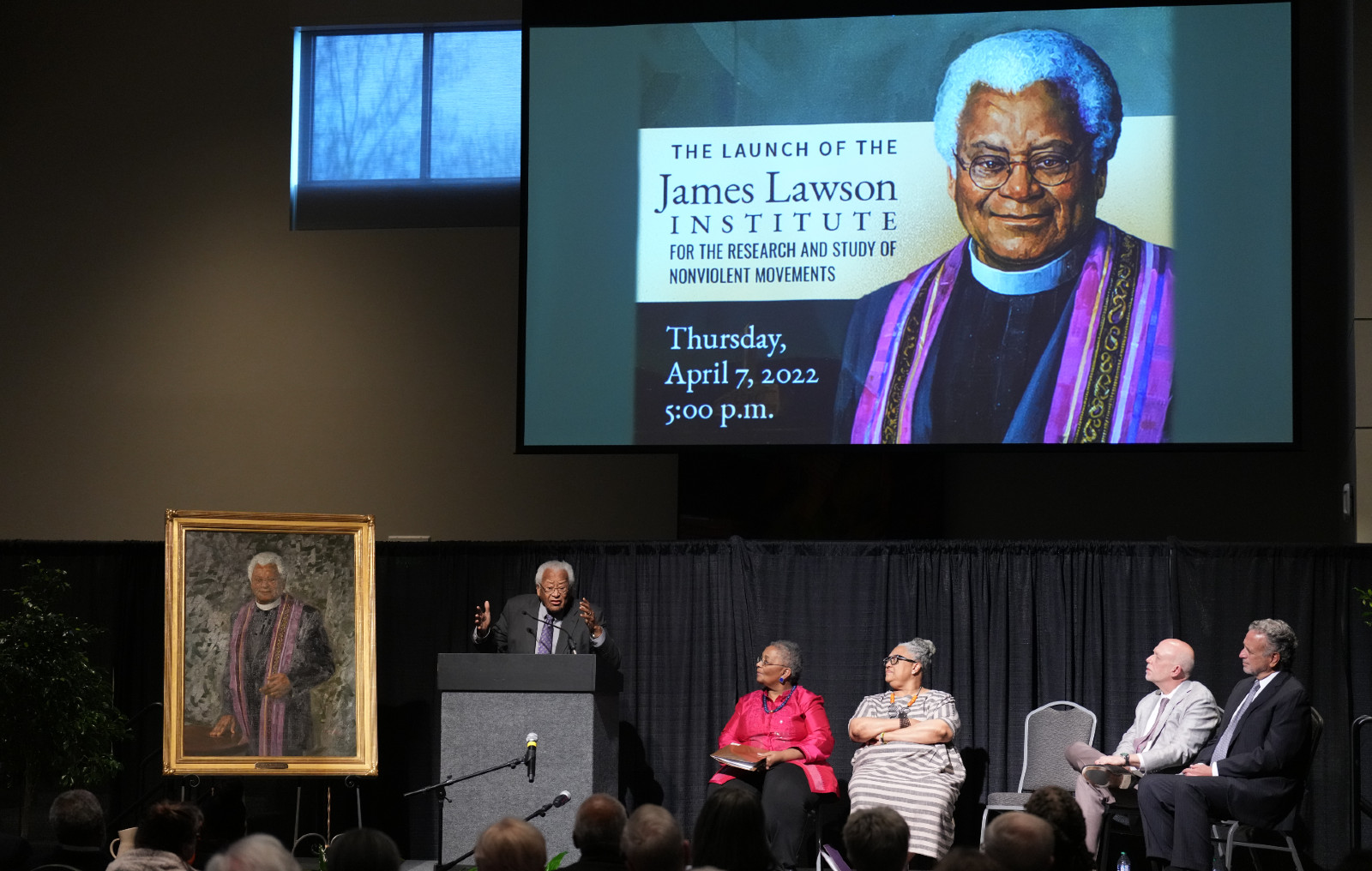 photograph of the Rev. James Lawson speaking at launch of Vanderbilt institute carrying forward his work 