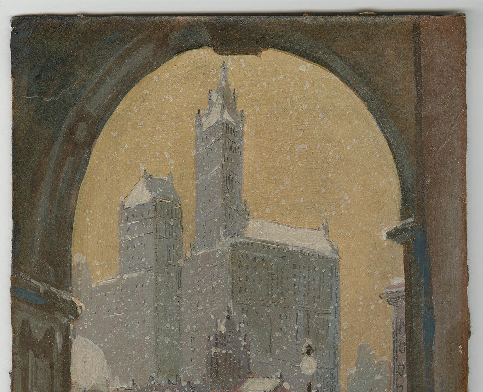 Image is 1913 painting of the Woolworth Building in winter 