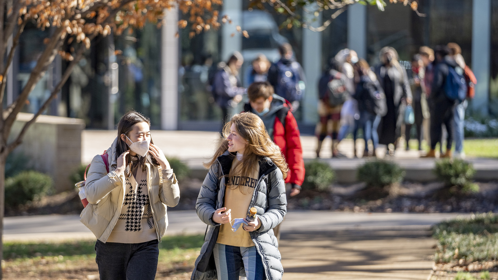 Students walking outside on Vanderbilt's campus during the first week of spring semester classes.