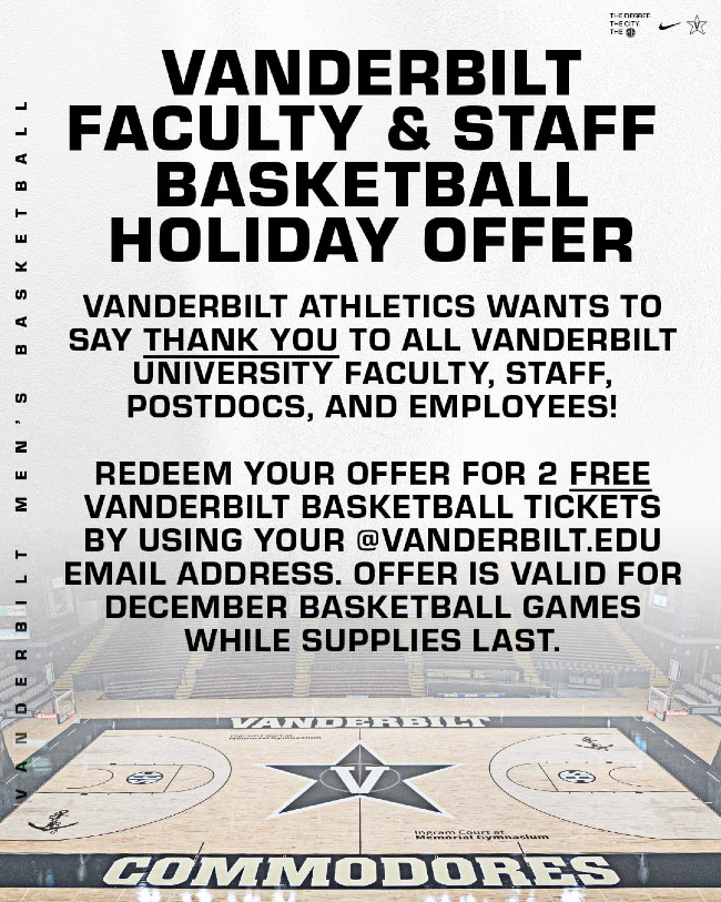 Vanderbilt faculty and staff basketball holiday offer flyer
