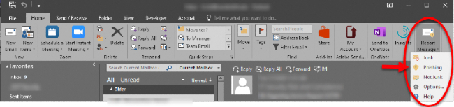 Outlook toolbar report phishing