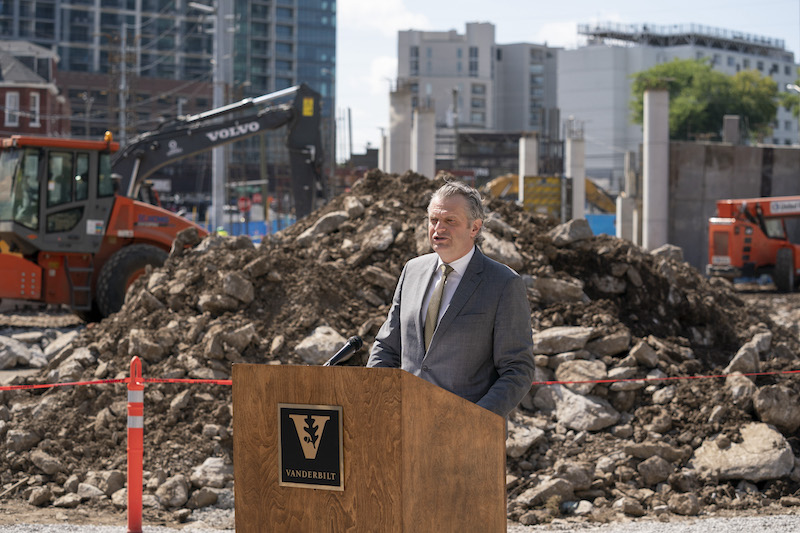 Chancellor Diermeier speaks during the graduate and professional student housing groundbreaking ceremony.