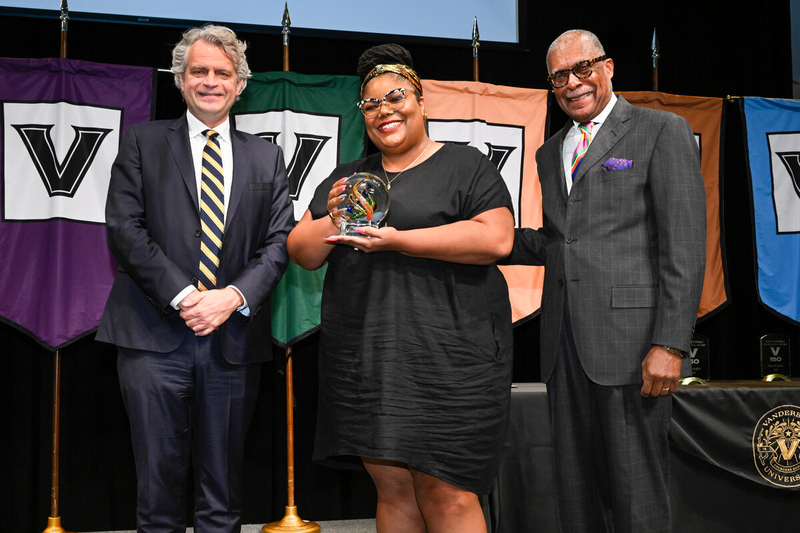 Chancellor Daniel Diermeier, Diversity Leadership Award winner Ally Jacobs and Dr. André Churchwell (John Amis)