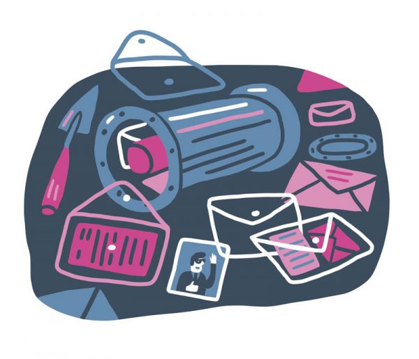 Blue, pink and black illustration of cannister, envelopes and items that might be in a time capsule