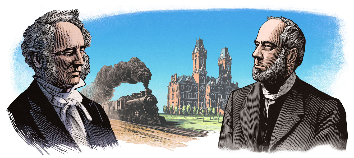 illustration of Cornelius Vanderbilt and Holland McTyeire in front of the Main Building