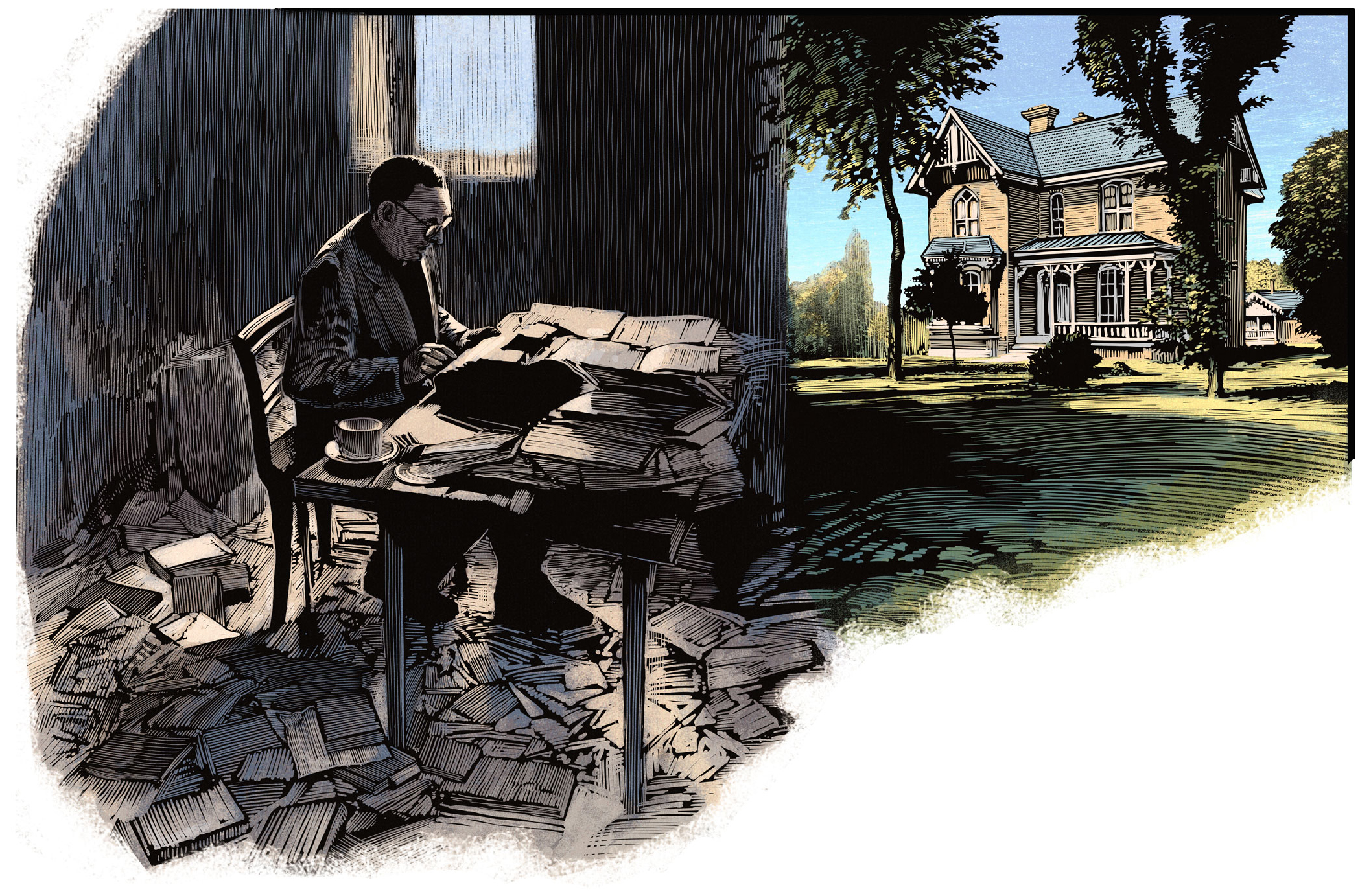 illustration of Robert Penn Warren at a desk surrounded by papers