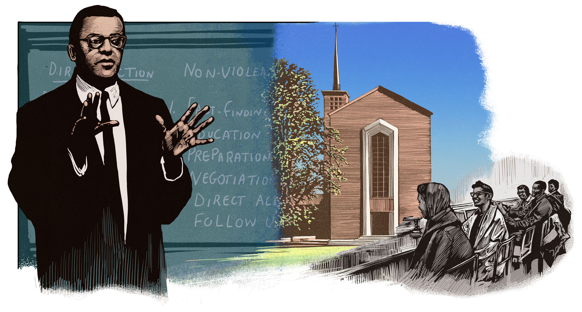 illustration of James Lawson teaching at a chalkboard