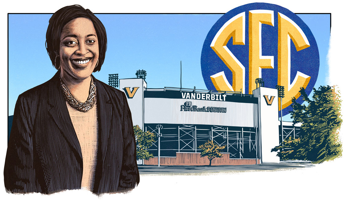 illustration of Candice Lee in front of FirstBank Stadium