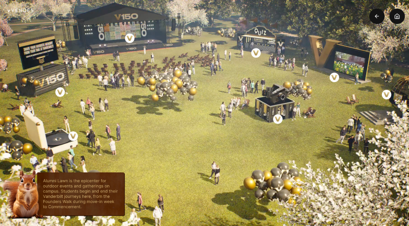 A bird's eye view of Alumni Lawn in the Vandyverse virtual platform (Vanderbilt University)
