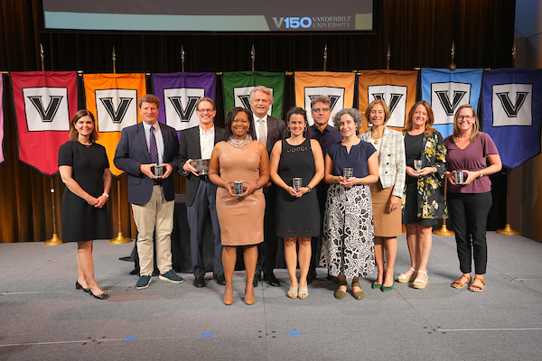 Front row, l-r : Consuelo Wilkins, Allison Anoll, Allison Schachter. Back row, l-r: Andrea Capizzi, Jonathan Brown, Chris Slobogin, Daniel Diermeier, Jefferson Cowie, C. Cybele Raver, Catherine McTamaney, Kathryn Humphries. (Harrison McClary/Vanderbilt)