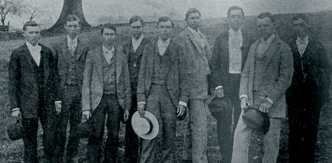 Will Ward, “When Old Men Were Young.” Chickasaw students preparing for Vanderbilt at the Wall & Mooney School in Franklin, Tennessee. From left: William T. Ward, George W. Burriss, William Bourland, Joe H. Goforth, T.B. McLish, Andrew Courtney, L.C. Burriss, J. Boudinot Ream, and Jacob L. Thompson. The American Indian (March 1930).