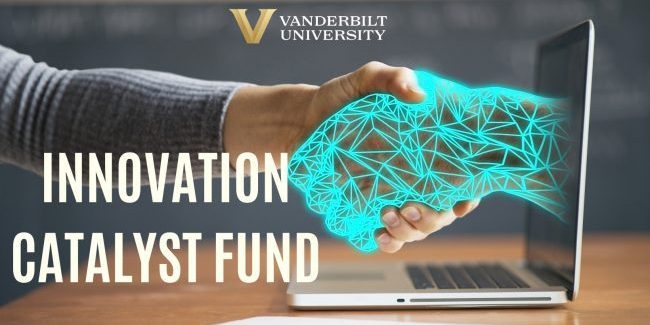 a human hand shakes a cyber hand with the words innovation catalyst fund