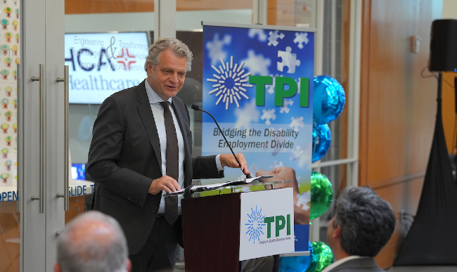 Chancellor Daniel Diermeier delivers remarks at an event announcing the expansion of The Precisionists, Inc., in the Nashville area. The event was hosted by the Frist Center for Autism and Innovation on Sept. 19.(Harrison McClary/Vanderbilt)