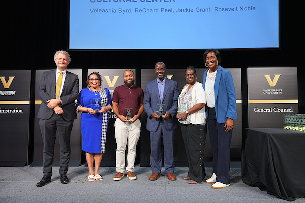 Chancellor Daniel Diermeier (far left), Athletic Director Candice Lee (far right) and the Bishop Joseph Johnson Black Cultural Center team (Harrison McClary/Vanderbilt)