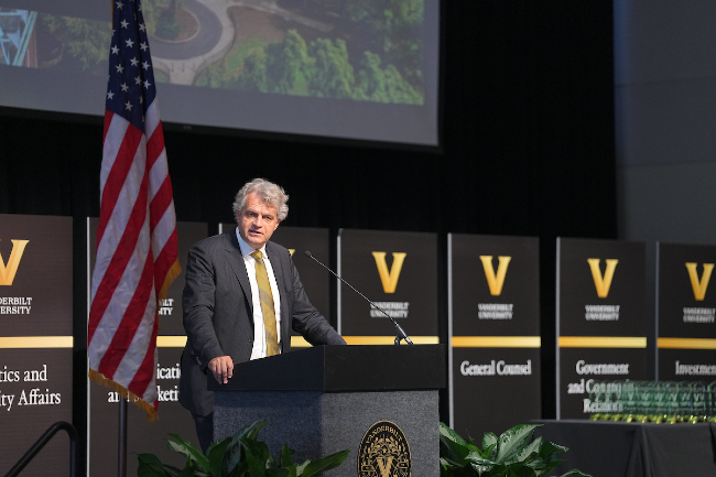 Chancellor Daniel Diermeier addresses staff and other guests at the 2023 Fall Staff Assembly on Sept. 21, 2023, at the Student Life Center. (Harrison McClary/Vanderbilt)